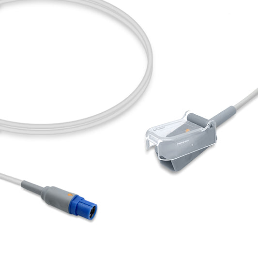 A SpO2 adapter cable with a round, 10-pin connector and a female 9-pin D-Sub connector, primarily gray in color.