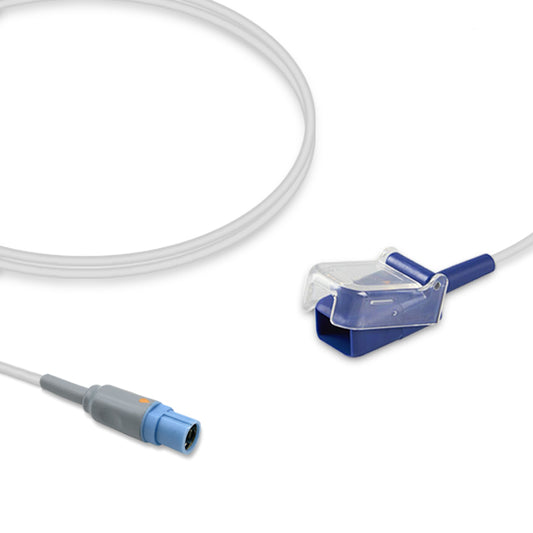 An image showing a compatible Siemens SpO2 adapter cable with a gray TPU jacket and a purple connector, along with a Nellcor-Oximax sensor.