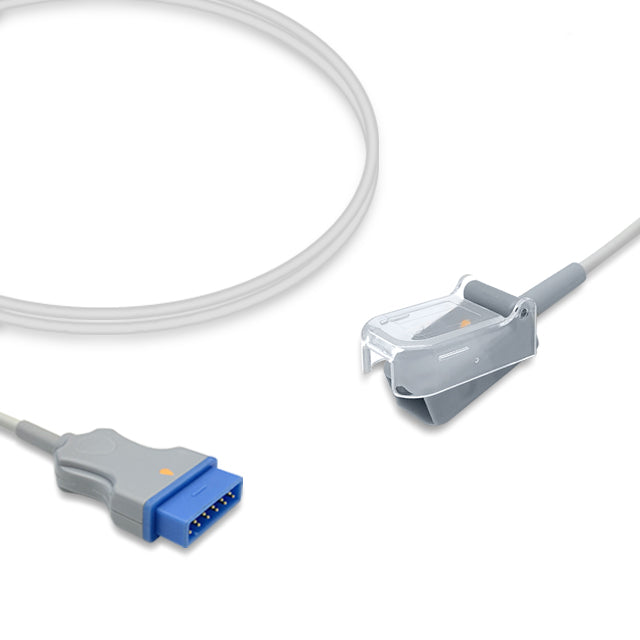 An SpO2 adapter cable with a flat distal connector and a female 9-pin D-Sub connector, primarily gray in color.