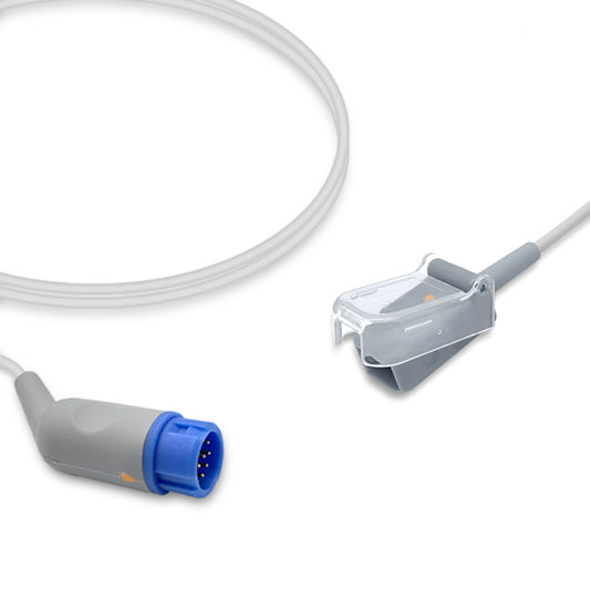 A compatible SpO2 adapter cable with a blue connector and a gray sensor clip, designed for use with various medical equipment.