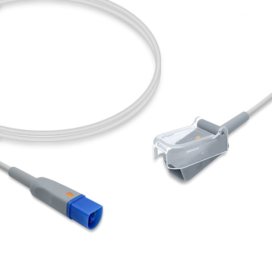 A compatible SpO2 adapter cable with a blue connector on one end and a gray sensor on the other, against a white background.