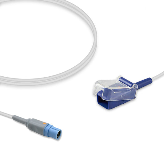 A SpO2 adapter cable with a round connector on one end and a female D-Sub connector on the other, predominantly gray in color.