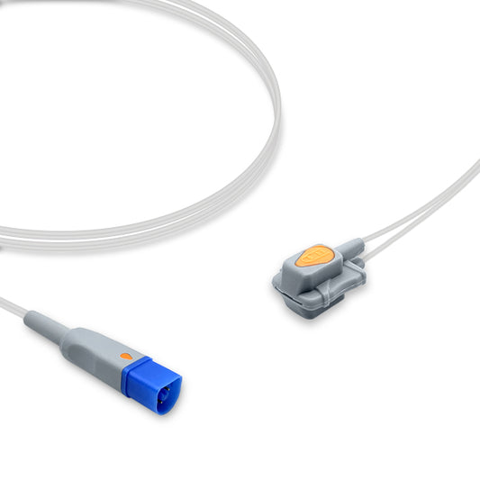 A SpO2 sensor with a gray cable and a blue connector on one end and a gray splitting connector on the other.