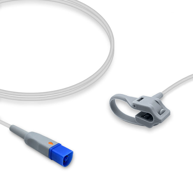 A SpO2 sensor with a gray cable and a blue connector, designed for neonatal use, compatible with various Philips medical equipment.