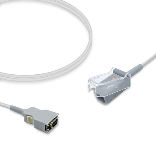 An SpO2 adapter cable, with one end displaying a grey connector and the other end a sensor clip attached to a white flexible tube.
