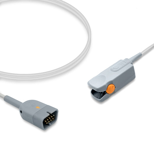 An SpO2 sensor with a gray body and orange detailing, including a male connector for the distal end and a clip for the proximal end, against a white background.