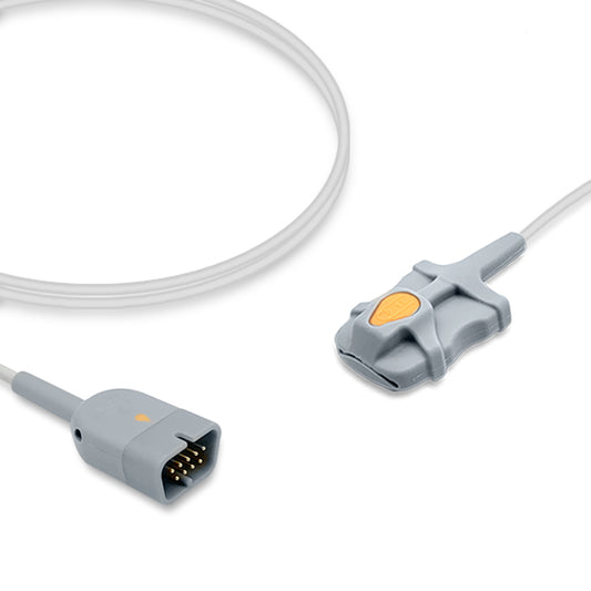 An SpO2 sensor cable with a male connector on one end and a sensor on the other, primarily gray in color.