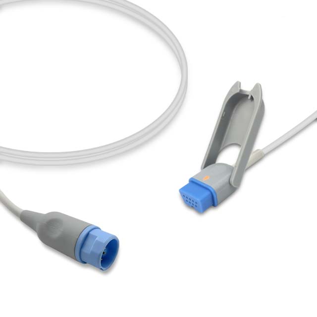 A gray Nihon Kohden SpO2 adapter cable with a round, 10-pin connector and an adult clip.