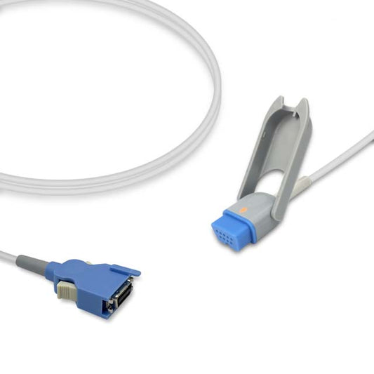 A compatible Nihon Kohden SpO2 adapter cable with a distal DB-14 connector and a proximal female 9-pin D-Sub connector, predominantly gray and white in color.