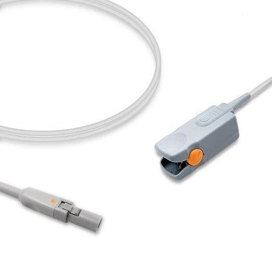 An SpO2 sensor with a gray body and orange detailing, including a cable with a connector on each end.