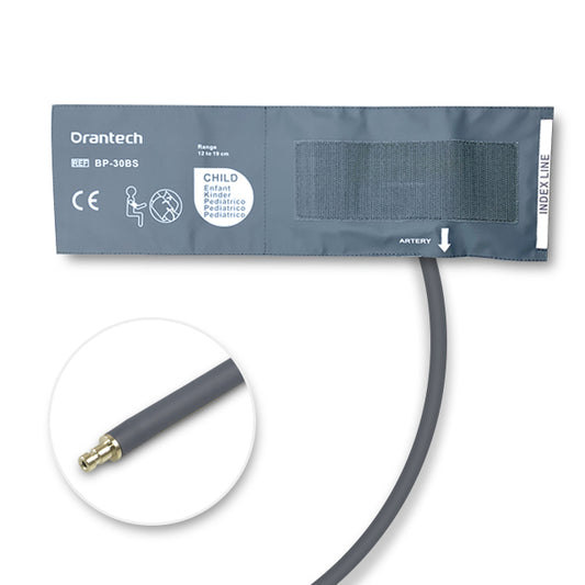 A Dranetech pediatric NIBP cuff with a single tube and bladder, marked with the model number BP-2185 and child symbol, indicating its use for pediatric patients.