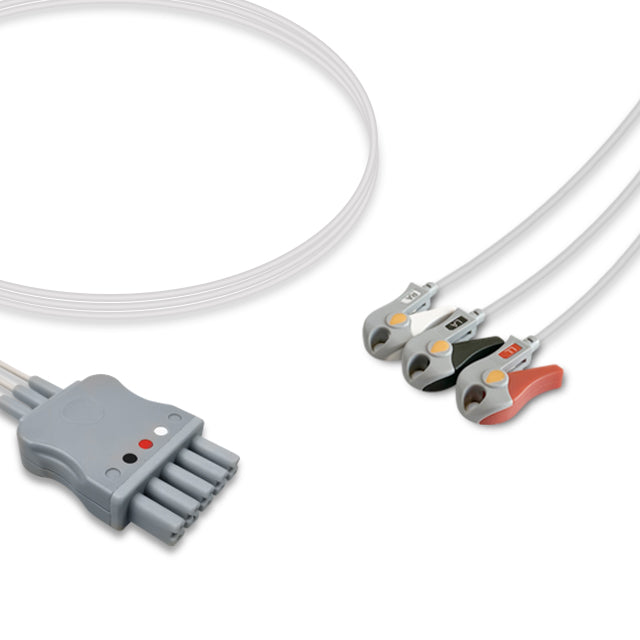 A three-lead ECG (electrocardiogram) cable with a gray distal connector and colored proximal clips.