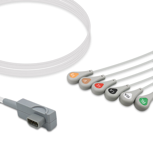 A set of gray ECG (electrocardiogram) leads with different colored snap connectors, including a distal din-style connector, designed for use with medical equipment.