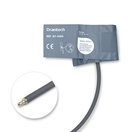 A gray Orantech blood pressure monitor cuff, model BP-408S, with a single tube and male bayonet connector.