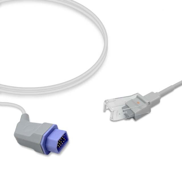 A SpO2 adapter cable with a 14-pin Nihon Kohden connector on one end and a 9-pin D-Sub connector on the other, primarily in gray and purple colors.