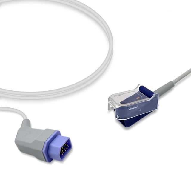 A SpO2 adapter cable with a 14-pin Nihon Kohden connector at the distal end and a 9-pin D-Sub purple connector at the proximal end.