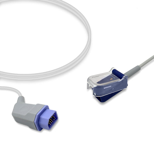 A SpO2 adapter cable with a 14-pin Nihon Kohden connector at the distal end and a 9-pin D-Sub purple connector at the proximal end.