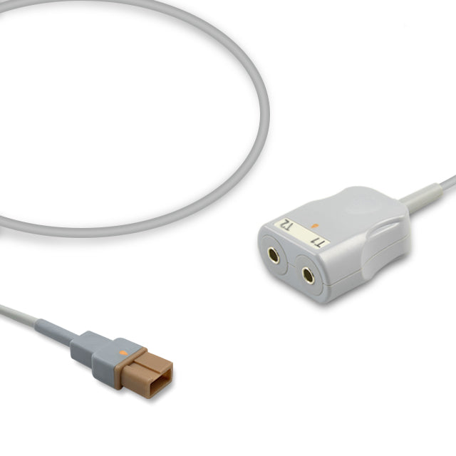 A gray temperature adapter cable with a circular connector on one end and a rectangular connector on the other, designed for use with medical equipment.
