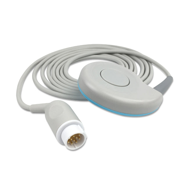 A gray fetal transducer with a 12-pin connector and a grey cable.