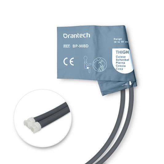 A gray reusable NIBP cuff with a label indicating 'Oranitech' brand and 'BP-98D' model, designed for the thigh, alongside a close-up of the double tube structure.