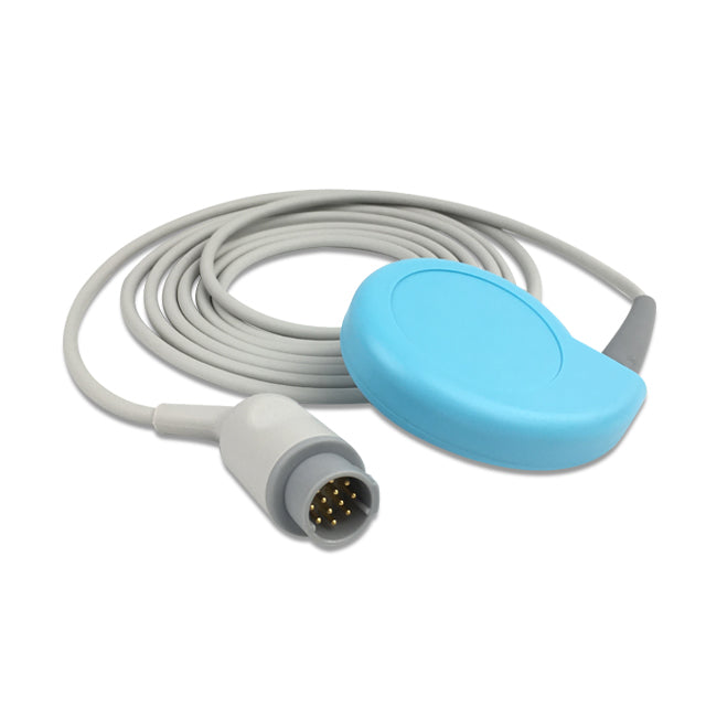A medical ultrasound transducer with a grey cable and a blue circular sensor.