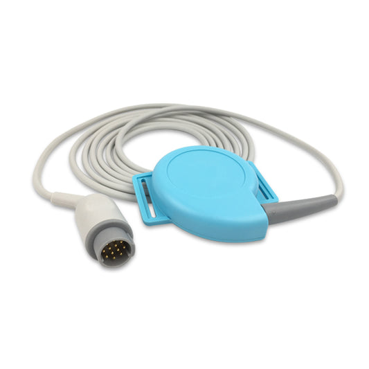 A medical ultrasound transducer device with a grey body and blue details, connected to a cable.
