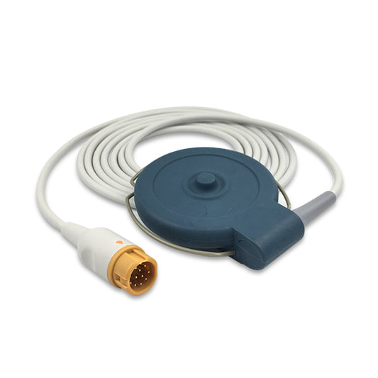 A Philips fetal transducer cable with a white body and a blue circular sensor.