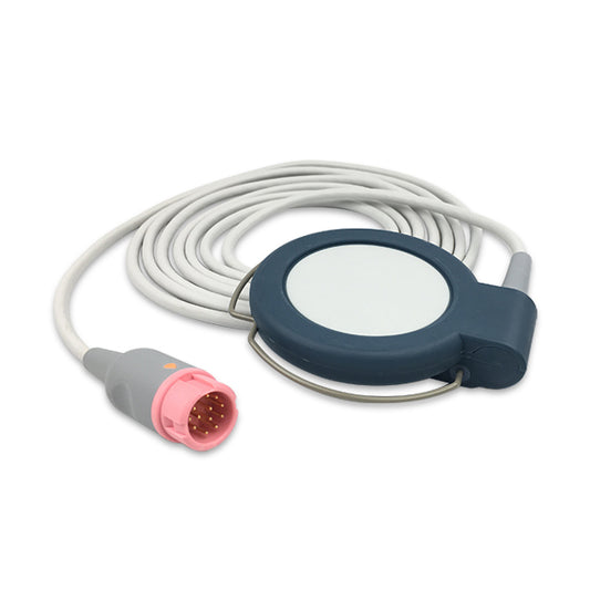 A Philips fetal transducer with a 3.0m cable, predominantly gray and has a blue circular base with a pink connector.